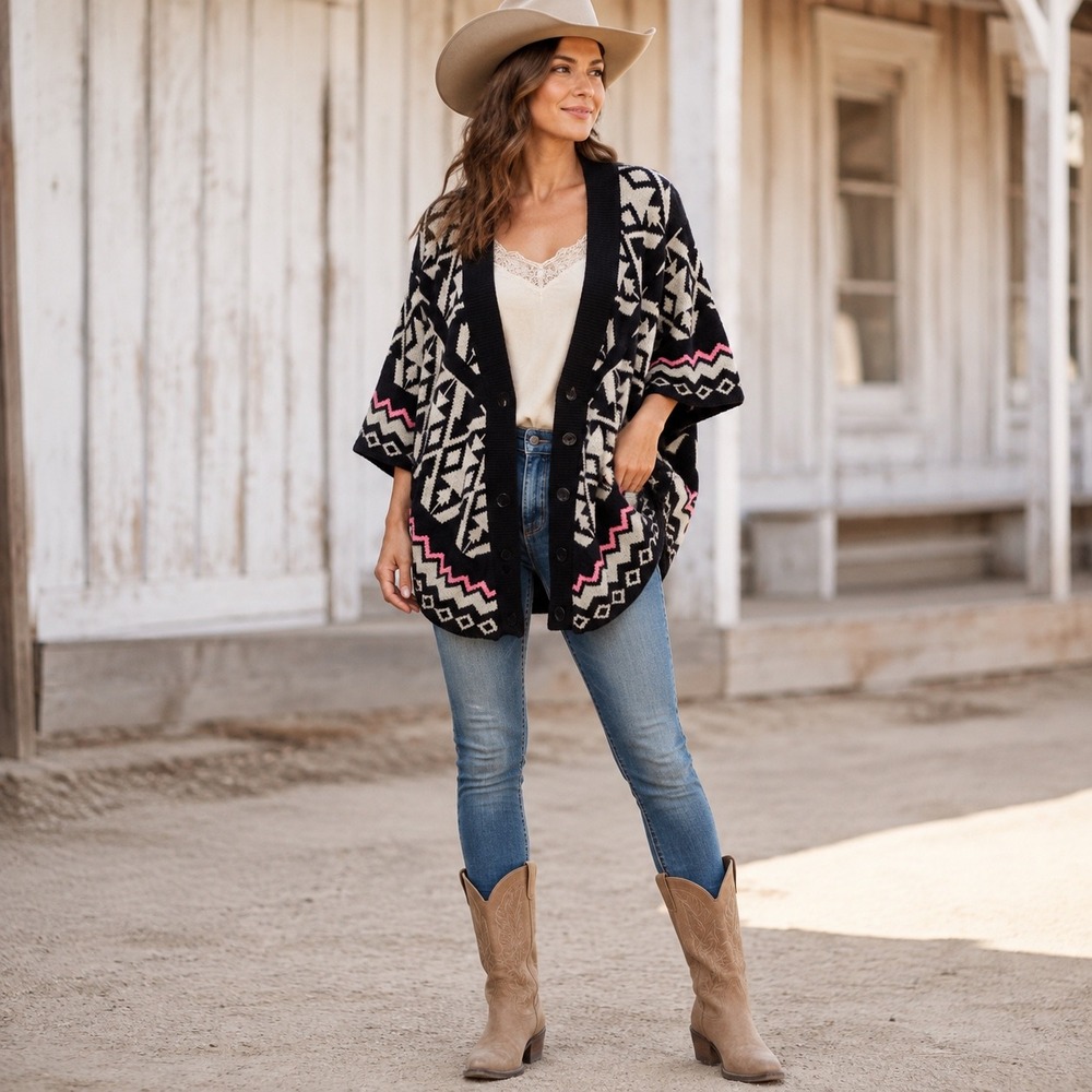 Rhapsody Geometric Aztec Tribal Print Cardigan Sweater Navy Beige Pink L G